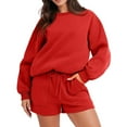 thumbnail image 1 of Dxzfnsa Sweatsuits 2pcs Sets Women Fashion Round-Neck Long Sleeve Sweatshirt and Drawstring Pockets Shorts Casual Solid Color Suit Sets, 1 of 9