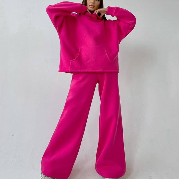 Dxzfnsa Sweatsuits 2pcs Sets Women's Fashion Plus SIze Solid Color Sets Versatile Round Neck Long Sleeve Hoodies Wide Leg Sweatpants Jogger Sets for Women