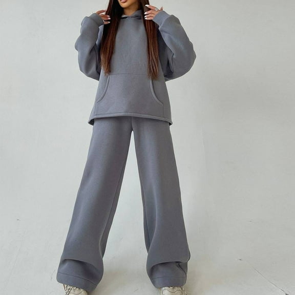 Dxzfnsa Sweatsuits 2pcs Sets Women's Fashion Plus SIze Solid Color Sets Versatile Round Neck Long Sleeve Hoodies Wide Leg Sweatpants Jogger Sets for Women
