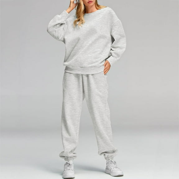 Dxzfnsa Sweatsuits for Women Womens Fashion Casual Solid Color Tracksuits Round Neck Long Sleeve Sweatshirts Jogger Pants Suits Fall Winter Trendy Sets