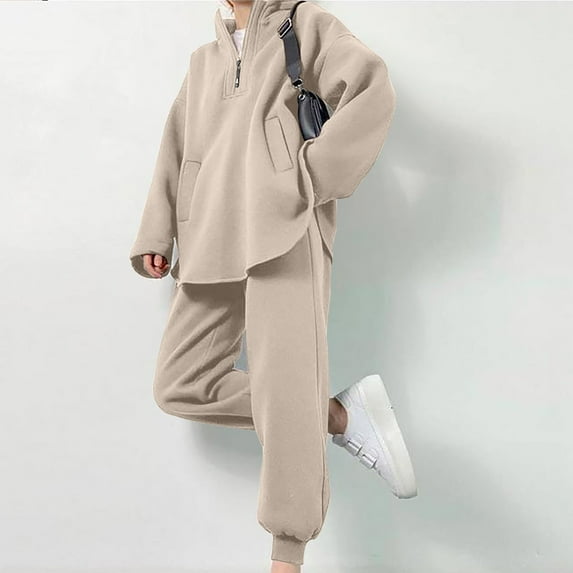 Dxzfnsa Women Tracksuits Women's Solid Color Athletic Two piece Sets Half Zipper Long Sleeve Hooded Pullovers Pocket Leisure Pants Sets Loose Sweatshirt Sets