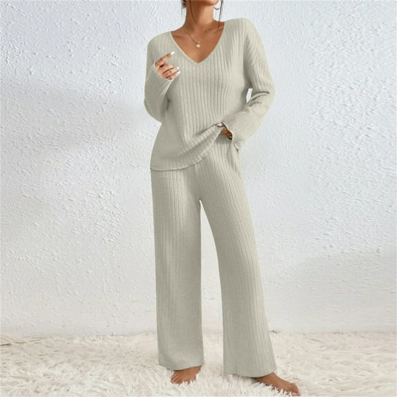 Dxzfnsa Womens Knit Sets Women's Fashion Solid Color Knitted Sets V Neck Long Sleeve Casual Pants Sets Loose Comfortable 2 Piece Outfits