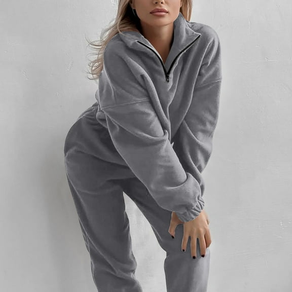 Dxzfnsa Womens Sweatsuits 2 Piece Sets Women Sporty Casual Solid Color Sets Half Zipper Long Sleeve Sweatshirts Drawstring Jogger Pants Loose Athletic Outfits