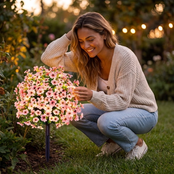 Dtchengua 2 Pack Artificial Topiary Ball Trees With Light for Outdoor, UV Resistant Fake Plants Shrubs Bushes, Realistic Faux Flowers Greenery Spring Deko for Front Porch, Garden, Yard, Patio (Pink)