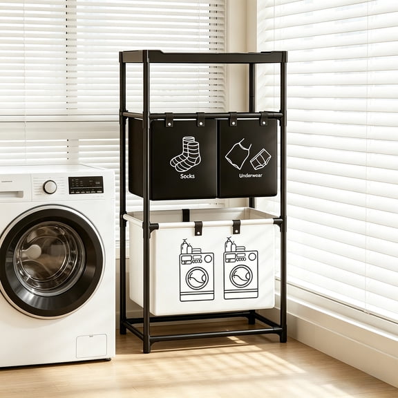 Dtchengua 3 Section Laundry Sorter with Removable Bags,Vertical Laundry Hamper, Stackable Laundry Baskets organizer for Bathroom, Apartment, Dorm (Black, Without Wheel)