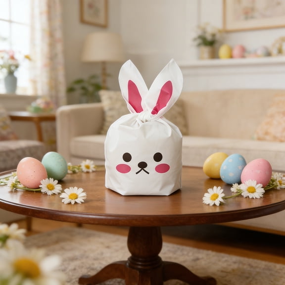 Dtchengua 50-Pack Easter Gift Bag with Rabbits Ear Design - Candy & Snack Package Bag for Snowflake Crisp, Cookies & Baked Treats, Cute Party Favor,Red
