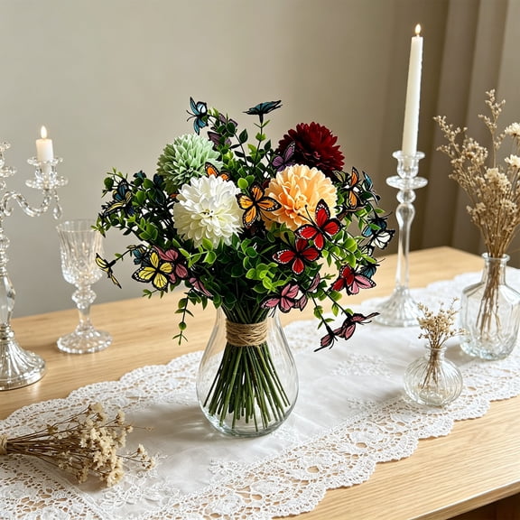 Dtchengua Artificial Freesia Bouquet in Ivory Ceramic Vase, Silk Flower and Butterfly Arrangements for Table Centerpiece Decoration