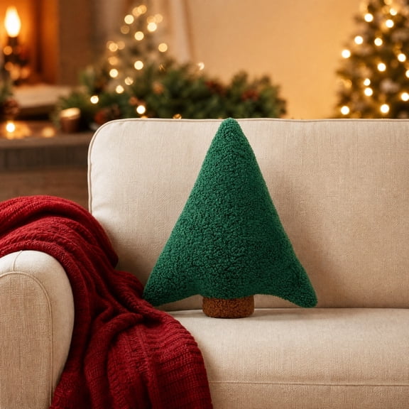 Dtchengua Christmas Tree Shaped Throw Pillow Soft Teddy Fleece Xmas Decorative Cushion Pointed Fir Tree Pillow For Sofa Couch Home Holiday Decor