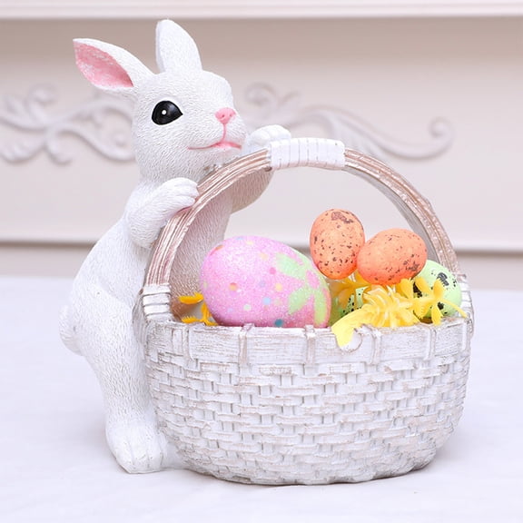 Dtchengua Easter Basket with Resin Rabbit - Cute Little Bunny Figurine Decorative Basket for Easter Gift, Home Decor & Table Centerpiece