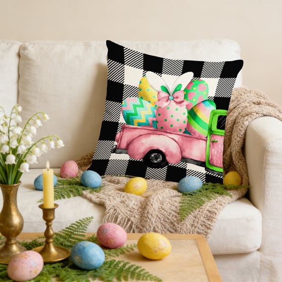 Dtchengua Easter Bunny & Egg Print Pillow Cover - Linen-Look Cushion Cover for Sofa, Bed, Chair, 18x18 Inch, Zipper Closure & Machine Washable, Spring Home Decor