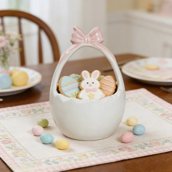 Dtchengua Easter Ceramic Bow Basket - Handmade Decorative Storage Basket for Home Decor, Tabletop Organizer & Holiday Gift