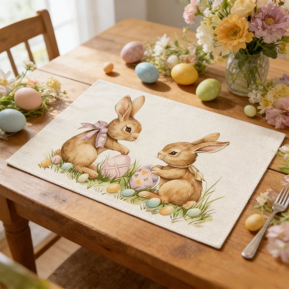 Dtchengua Easter Table Mats Set of 6, Waterproof & Washable Placemats for Holiday Dining, Insulated Heat-Resistant Decor, Bunny & Egg Pattern Kitchen Home Decor Gift