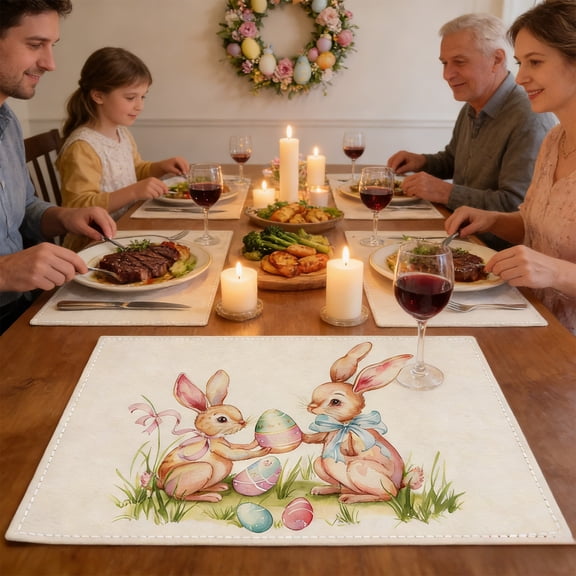 Dtchengua Easter Table Mats Set of 6, Waterproof & Washable Placemats for Holiday Dining, Insulated Heat-Resistant Decor, Bunny & Egg Pattern Kitchen Home Decor Gift