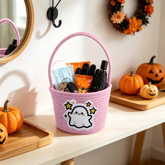 Dtchengua Fabric Halloween Candy Basket With Handle Print Prank Or Treat Bag Reusable Halloween Treat Bucket For Kids Candy Snacks Gift Party Decor