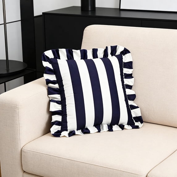 Dtchengua Generic Blue & White Striped Ruffled Throw Pillow, Velvet Decorative Cushion for Living Room