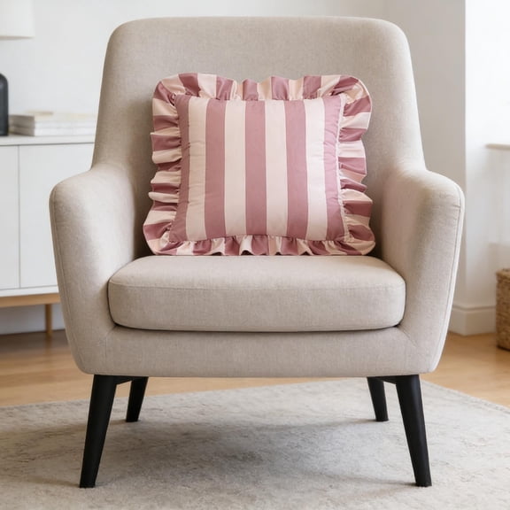 Dtchengua Generic Pink & White Striped Ruffled Throw Pillow, Velvet Decorative Cushion for Living Room