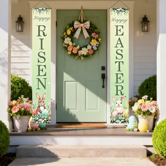 Dtchengua Happy Easter Bunny Rabbit Porch Banner Sign – Festive Hanging Decor for Home Entrance, Shop Windows, Event Venues, Spring Holiday Party Decorations
