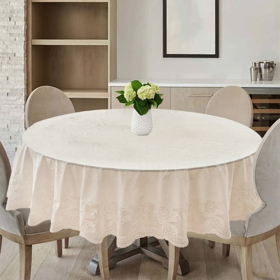 Dtchengua Lace Embroidered Round Tablecloth, Cream Floral Table Cover 51" for Dining & Party Decor