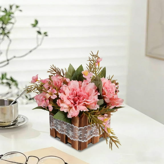 Dtchengua No-Water Faux Peony Arrangement in Wooden Box - Lifelike Silk Flowers with Rustic Wood Planter, Always-Blooming Table Centerpiece Decor