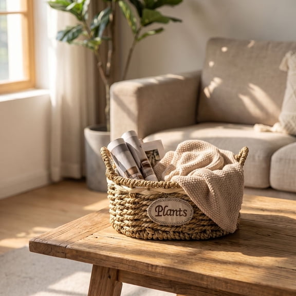 Dtchengua Rattan Grass Woven Flower Basket, Decorative Round Wicker Woven Rope Storage Blanket Basket with Woven Handles,Planter Pot for Living Room,Floor Standing Storage,Balcony Garden Decoration