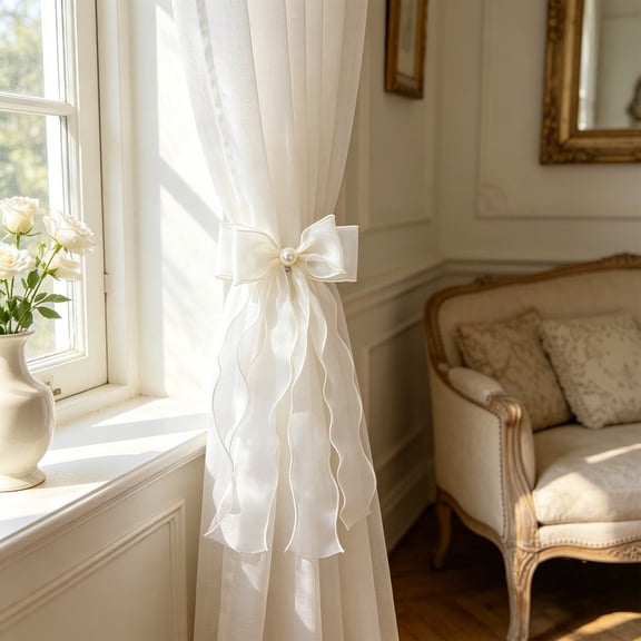 Dtchengua Sheer Organza Pearl White Bow Curtain Tiebacks 4-Pack, Soft Gauze Ribbon Decorative Knot Window Holders, Lightweight Casual Home Decor