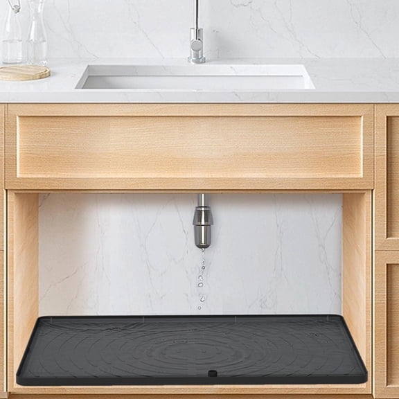 Dtchengua Silicone Under Sink Mat 34" x 22", Drip Tray for Kitchen & Bathroom Cabinets - Waterproof, Non-Slip, Easy Clean PVC Liner, Protects Against Leaks & Stains(Black)