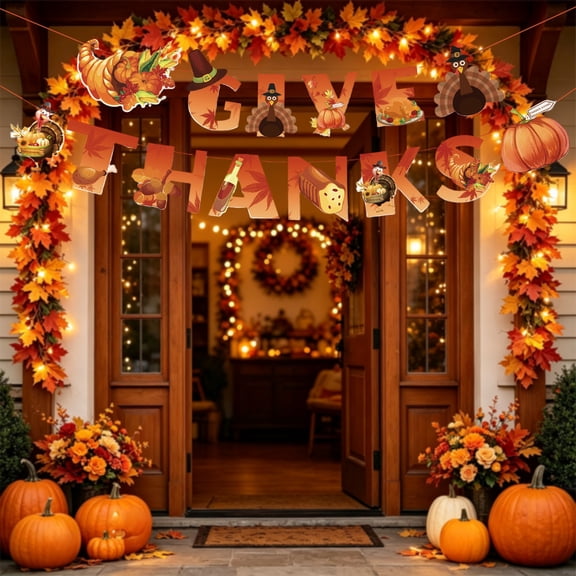 Dtchengua Thanksgiving Flag Banners Autumns Maple Leaf Acorns Checkered Pennant Fall HarvestParty Hanging Decor For Dinner Table