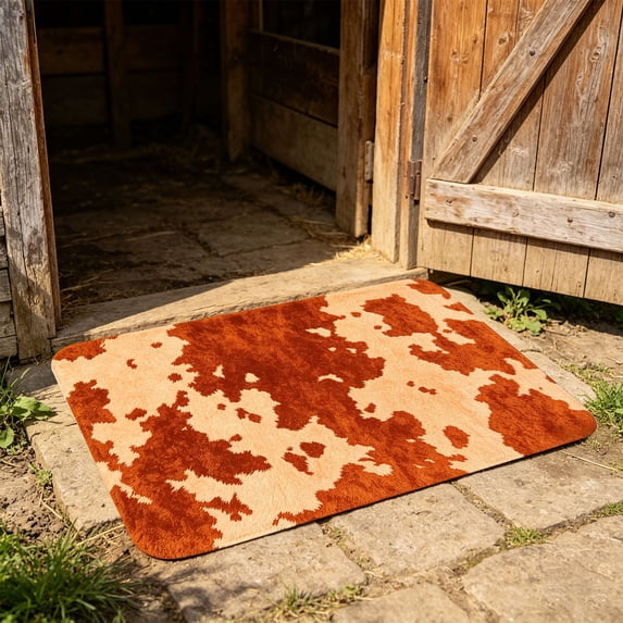 Dtchengua Western Cow Print Bath Mats 16x24 Inch for Bathroom, Soft Absorbent Cow Bath Rug for Kitchen Bathroom Laundry Bedroom Living Room Decoration(Brown)