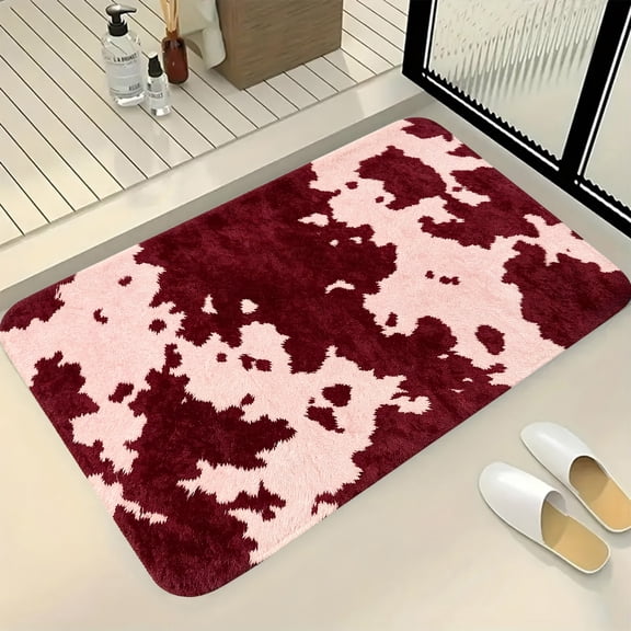 Dtchengua Western Cow Print Bath Mats 16x24 Inch for Bathroom, Soft Absorbent Cow Bath Rug for Kitchen Bathroom Laundry Bedroom Living Room Decoration(Red)