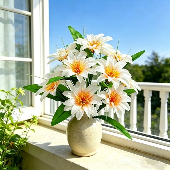 Dtchengua White Lily Artificial Flower Bouquet, Silk Floral Arrangement for Home & Wedding Centerpiece