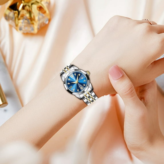 Dtchengua Women‘s Luminous Fashion Watch, Stainless Steel Waterproof Quartz Watch with Date - Glow Dial for Night Visibility, Elegant Bracelet, Gift Boxed for Her(Blue)