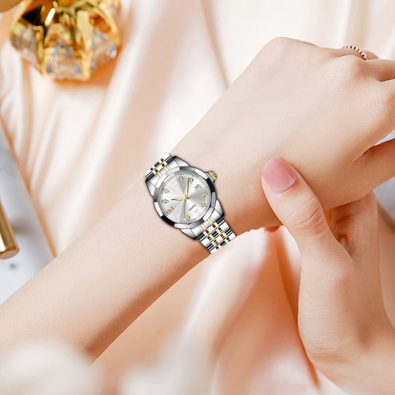 Dtchengua Women‘s Luminous Fashion Watch, Stainless Steel Waterproof Quartz Watch with Date - Glow Dial for Night Visibility, Elegant Bracelet, Gift Boxed for Her(Silver)