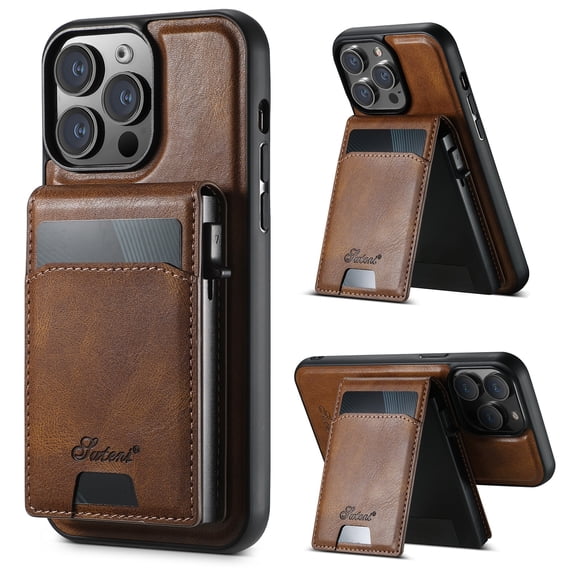 Dteck 2 in 1 Detachable Magnetic Wallet for iPhone 15 Pro Case with Card Holder Faux Leather Men Women Kickstand Cover work with Car Mount Holder, Brown