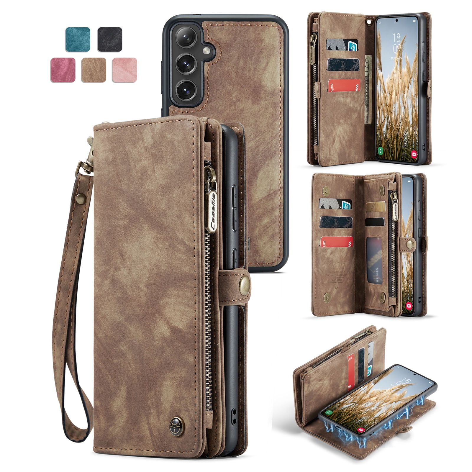 Dteck 2 in 1 Detachable for Samsung Galaxy A36 5G Wallet Case with Card Holder, Shockproof Retro Premium Flip Leather Cover Magnetic Zipper Pocket Phone Cases, Darkbrown