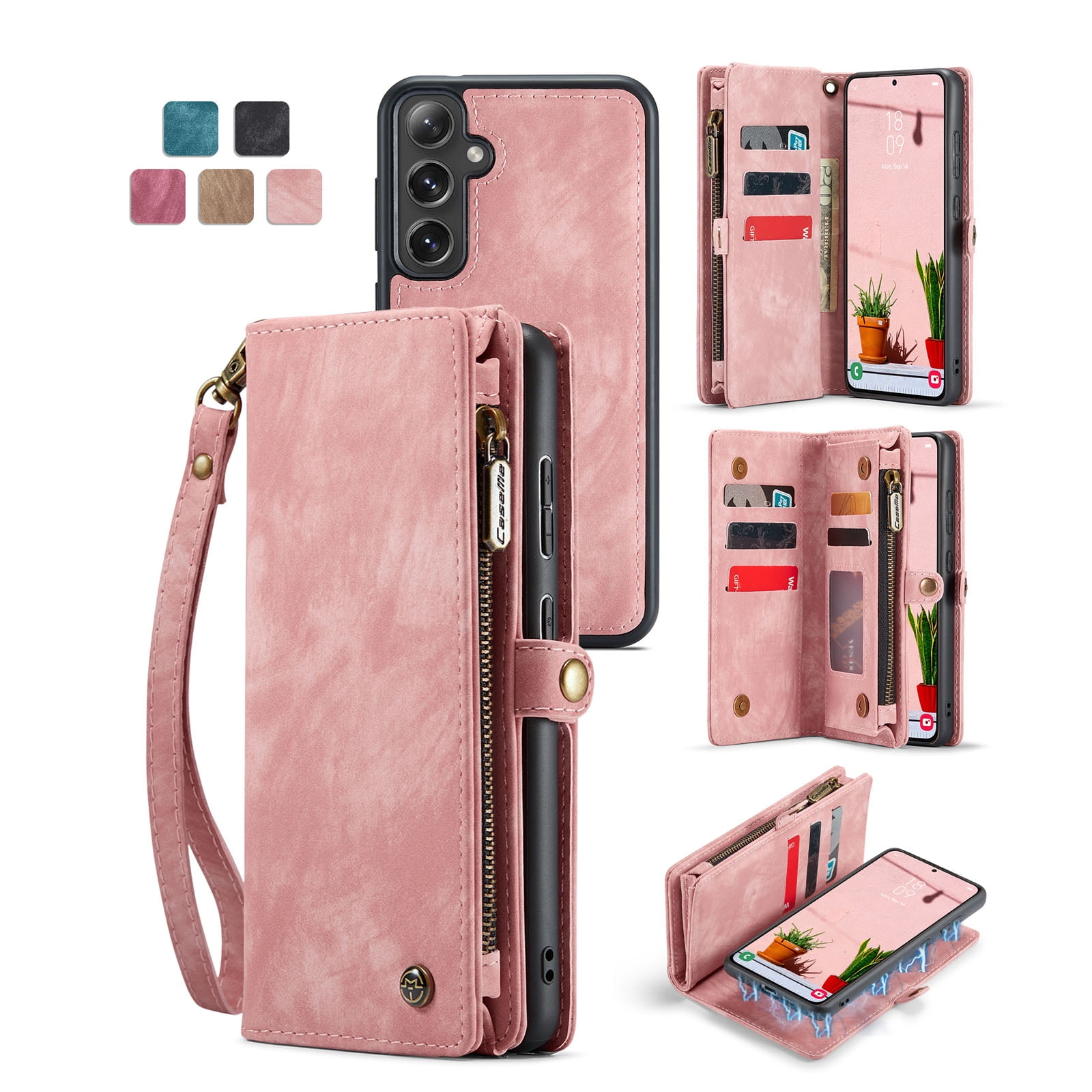 Dteck 2 in 1 Detachable for Samsung Galaxy A36 5G Wallet Case with Card Holder, Shockproof Retro Premium Flip Leather Cover Magnetic Zipper Pocket Phone Cases, Pink
