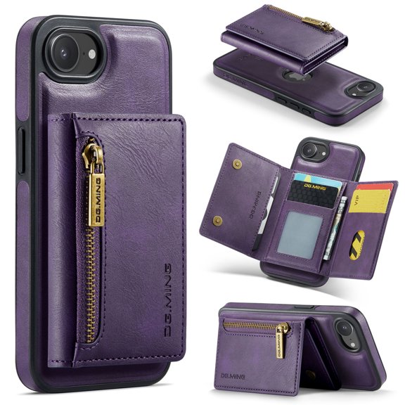 Dteck 2 in 1 Detachable Wallet Case for iPhone 16e Magnetic Leather Zipper Wallet with Card Holder RFID Blocking Case Shockproof Kickstand Cover,Purple