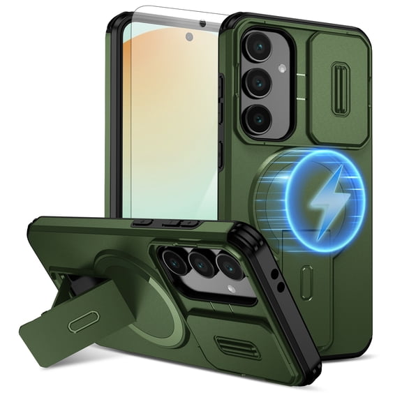 Dteck 2 In 1 for Samsung Galaxy A26 5G Case, Compatible with MagSafe, Invisible Kickstand HD Screen Protector, Heavy Duty Shockproof Magnetic Phone Cover with Slide Camera Lens Cover,Green