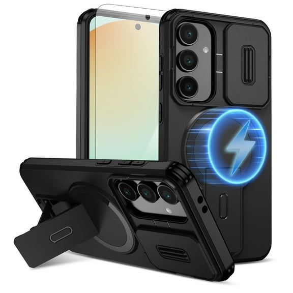 Dteck 2 In 1 for Samsung Galaxy S24 FE Case, Compatible with MagSafe, Invisible Kickstand HD Screen Protector, Heavy Duty Shockproof Magnetic Phone Cover with Slide Camera Lens Protection,Black