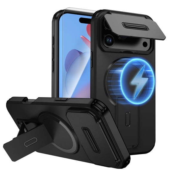 Dteck 2 In 1 for iPhone 17 Pro Max Case, Compatible with MagSafe, Invisible Kickstand HD Screen Protector, Heavy Duty Shockproof Magnetic Phone Cover with Camera Protection,Black
