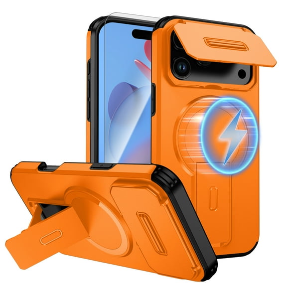 Dteck 2 In 1 for iPhone 17 Pro Max Case, Compatible with MagSafe, Invisible Kickstand HD Screen Protector, Heavy Duty Shockproof Magnetic Phone Cover with Camera Protection,Orange