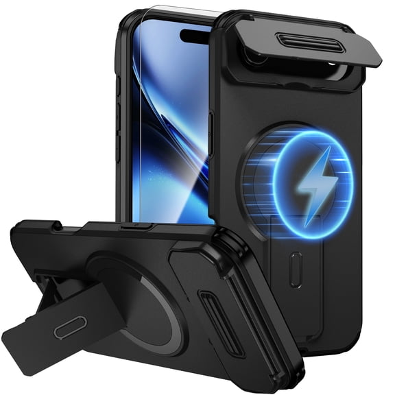 Dteck 2 In 1 for iPhone Air Case, Compatible with MagSafe, Invisible Kickstand HD Screen Protector, Heavy Duty Shockproof Magnetic Phone Cover with Camera Protection,Black