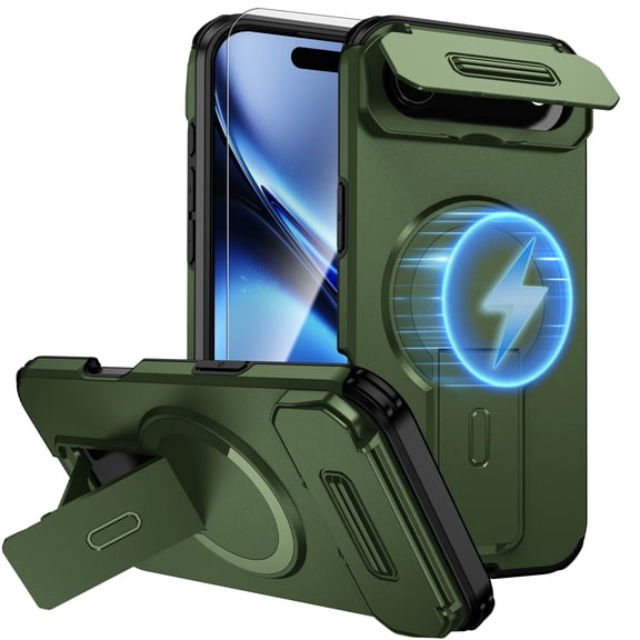 Dteck 2 In 1 for iPhone Air Case, Compatible with MagSafe, Invisible Kickstand HD Screen Protector, Heavy Duty Shockproof Magnetic Phone Cover with Camera Protection,Green