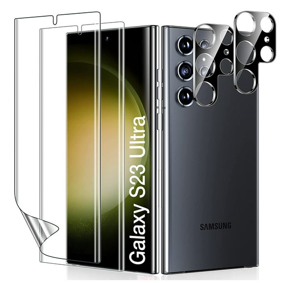 Dteck 2+2 Pack for Samsung Galaxy S23 Ultra Screen Protector, 2 Pack Soft TPU Film with Black Camera Lens Protectors Fingerprint Compatible 3D Curved Max Coverage, HD Screen Protector for S23 Ultra,