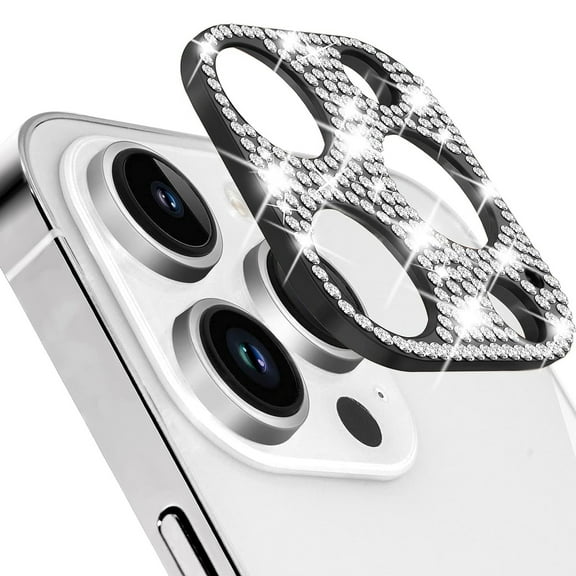 Dteck 2 Pack Bling Crystal Diamonds Camera Lens Protector for iPhone 15 Pro Max, Alloy Metal Scratch-Resistant Abrasion-Resistant Camera Lens Protection,Black