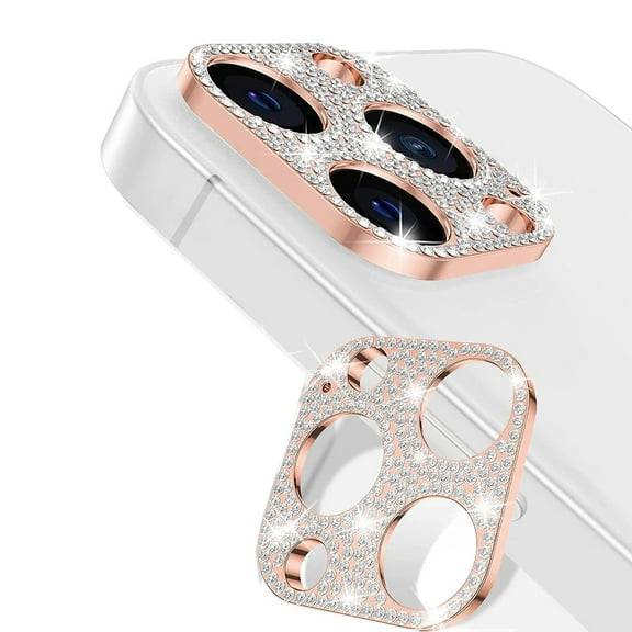 Dteck 2 Pack Bling Crystal Diamonds Camera Lens Protector for iPhone 15 Pro Max, Alloy Metal Scratch-Resistant Abrasion-Resistant Camera Lens Protection,Rosegold