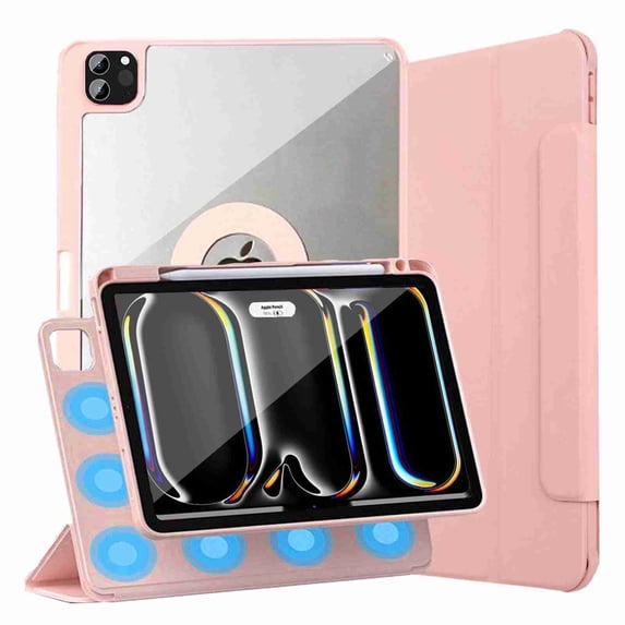 Dteck for 2024 iPad Pro 11 Inch Case M4 (5th Generation) with Pencil Holder, Shockproof Detachable Magnetic Cover, Portrait and Landscape Stand Clear Back Cover, Pink