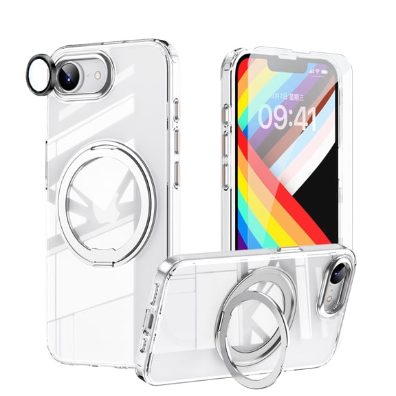 Dteck 3 in 1 Case for iPhone 16e / iPhone 17e,Shockproof Translucent Matte TPU+PC Case with Camera Lens Protector+ Tempered Glass Screen Protector Magnetic Stand Compatible with Mag-Safe Cover,Clear