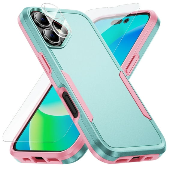Dteck 3 in 1 for iPhone 16 Case with Tempered Glass Screen Protector & Camera Lens Cover, Military Grade Protection Full Body Shockproof Rugged Protective Cover for iPhone 16,Mint Pink