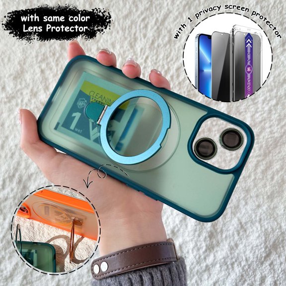 Dteck 3 In 1 for iPhone 16 Pro Max Case, Magnetic Ring Stand with Privacy Screen Protector + Camera Lens Protector, Frosted Translucent Shockproof Phone Cover for iPhone 16 Pro Max,Green