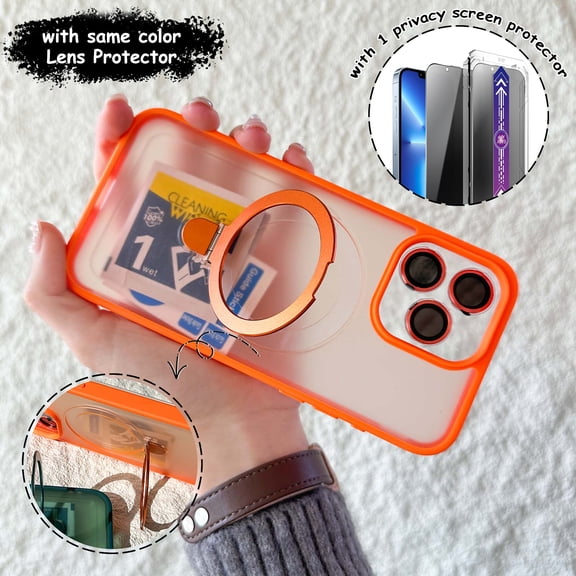 Dteck 3 In 1 for iPhone 16 Pro Max Case, Magnetic Ring Stand with Privacy Screen Protector + Camera Lens Protector, Frosted Translucent Shockproof Phone Cover for iPhone 16 Pro Max,Orange